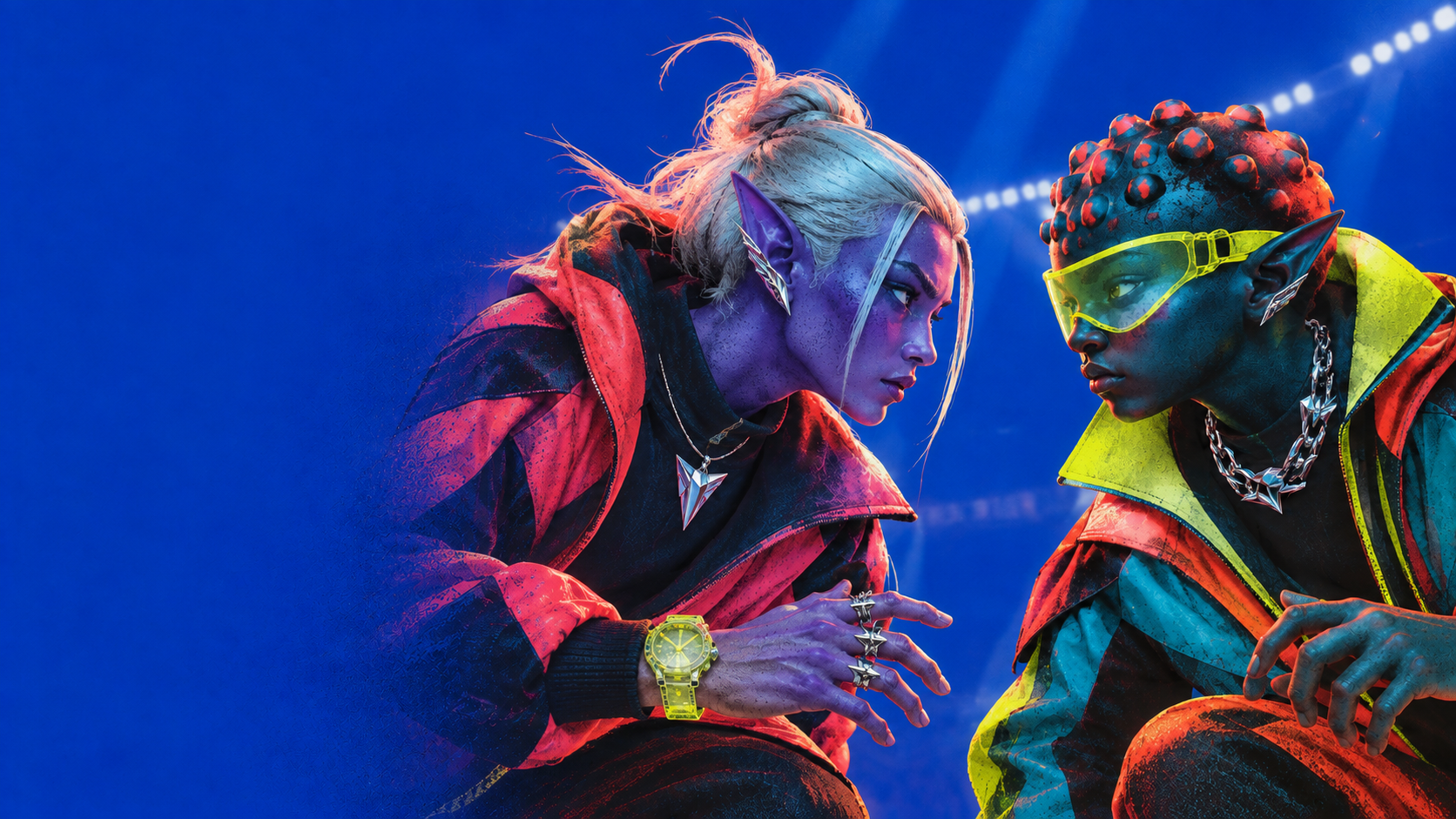 Two synthetic fashion competitors facing one another in the arena