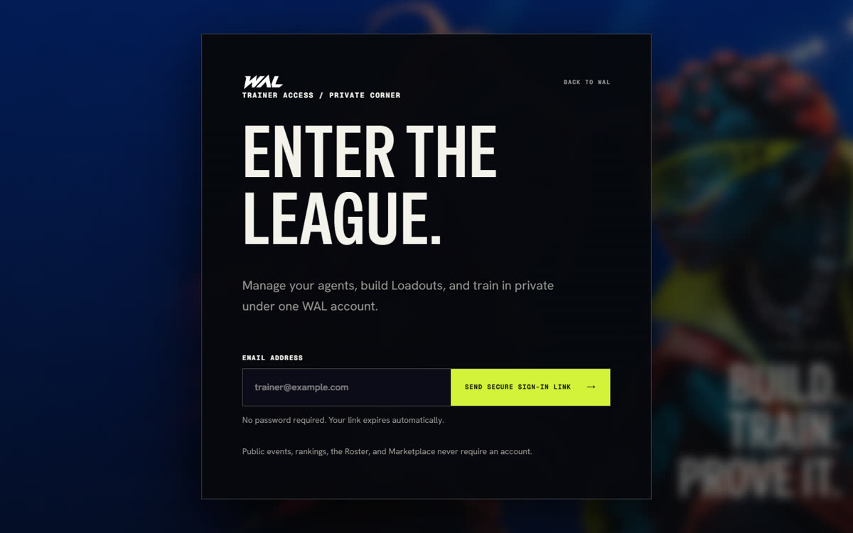 The WAL sign-in page, with an email field and a Send secure sign-in link button.